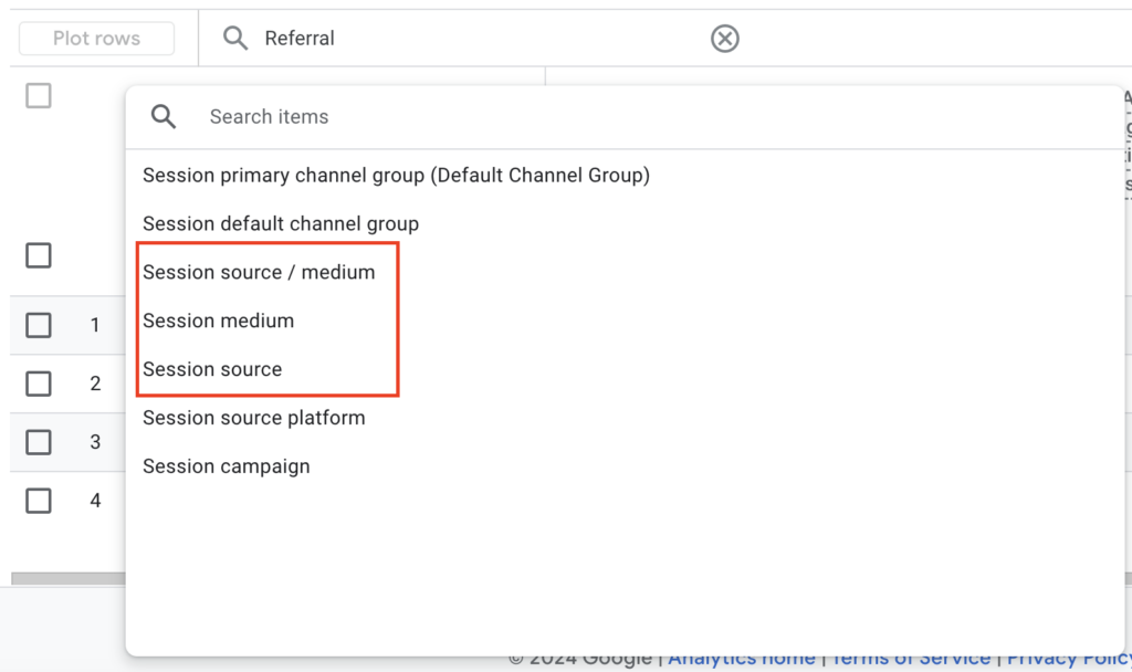 Dropdown menu for referral, red square around session source/medium, session source, and session medium options. 